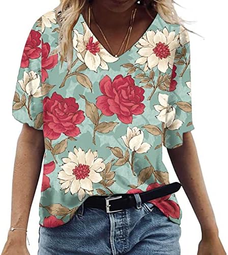Loose Fit T Shirt za žene plus Size bluza sa cvjetnim printom V izrez kratki rukav tunika Tops ljetne Casual majice