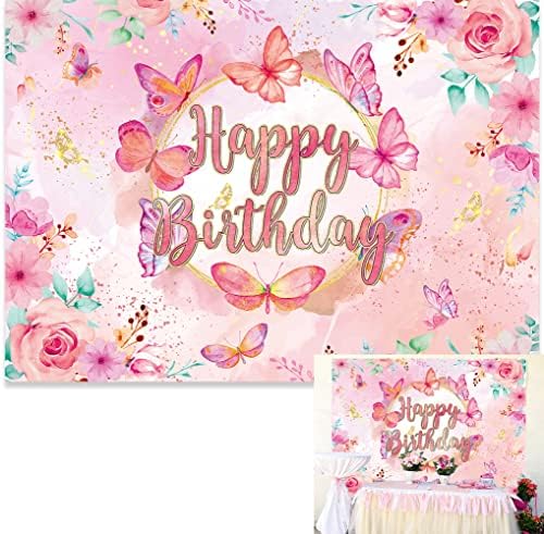 7x5FT ružičasti leptir poljupci rođendanska backdrop djevojka leptir cvijet Garland Pozadina Zlatne spotove sanjivo princeza dječja