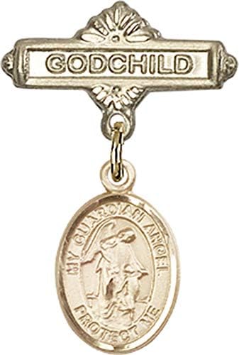 Jewels Obsession Baby Badge sa šarmom anđela čuvara i iglom za kumče / 14k Zlatna značka za bebe sa šarmom anđela čuvara i iglom za