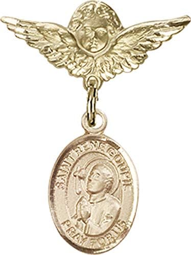 Značka za bebe Jewels Obsession sa šarmom St. Rene Goupil i Anđeo sa krilima značka / 14k Zlatna bebina značka sa šarmom St. Rene Goupil i Anđeo sa krilima značka - proizvedeno u SAD