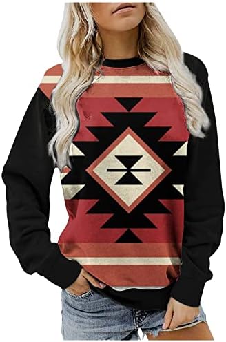 Ženske Zapadne Aztečke geometrijske dukseve etničke grafičke majice sa dugim rukavima Retro pulover labave pripijene majice
