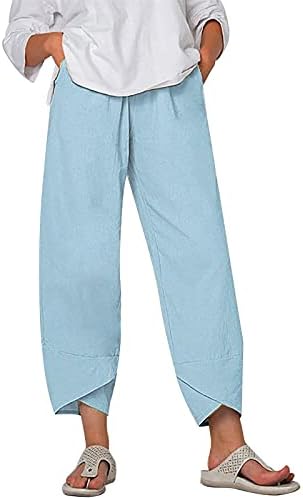 Gufesf ženske ženske hlače rastegnute, ženske obrežene pamučne posteljine Capris hlače casual bager-harem pantalone s džepovima