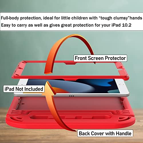 LTROP IPAD 9. / 8. / 7. generacijski slučaj, iPad 10.2 Slučaj, dječji iPad futrola 10,2 inča, sa ugrađenim zaštitnikom zaslona, ​​sredstvo za konvertibilnu čvrstoću na udarce za iPad 9/8/7 gen, crvena