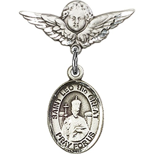 Srebrna značka za bebe sa St. Leo veliki šarm i Anđeo sa krilima značka 7/8 X 3/4 inča