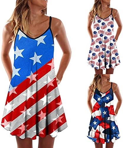 Balakie ženska četvrta jula Američka zastavama bez rukava bez rukava haljina sa rukavima na plaži sa džepovima