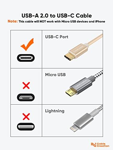 CABLECreation A do USB C kabel 6 inča, izdržljiv USB C do USB kabela Brzi punjenje 3A 480Mbps Data kratki USB do C kabel za napajanje