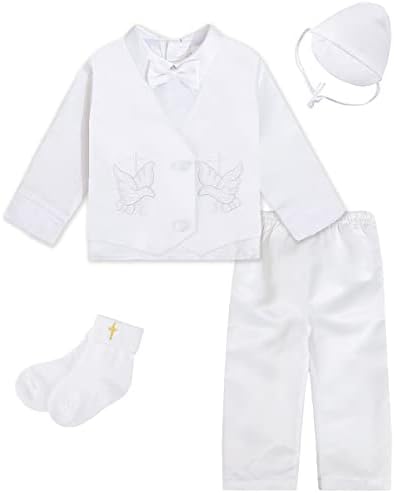 A & J Dizajn Bijeli dječački batstizam Outfit 3-18 mjeseci dugih rukava sa vezenim križom