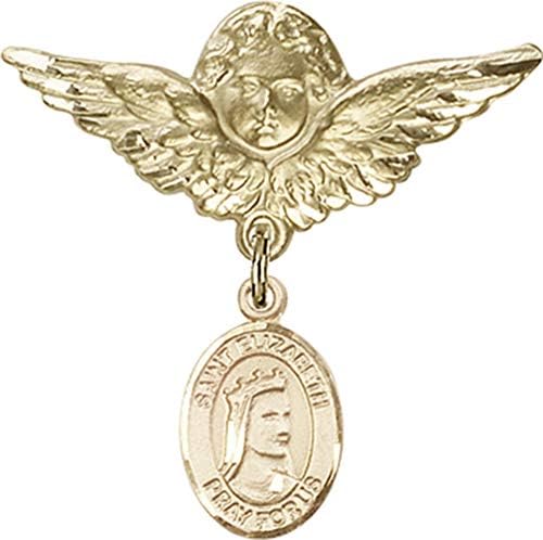 Jewels Obsession Baby Badge sa šarmom Svete Elizabete Mađarske i anđelom sa krilima značka / 14k Zlatna bebina značka sa šarmom Svete