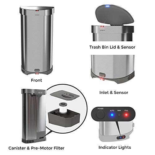 Eyevac + 2in1 Bez bezuhvatnog smeća - 13 galona nehrđajućeg čelika Automatski senzor za smeće kanti za smeće - moćan usisni i visoki efikasnost Filtracija Touch Vacuum - za kuhinjsku kućnu kancelariju